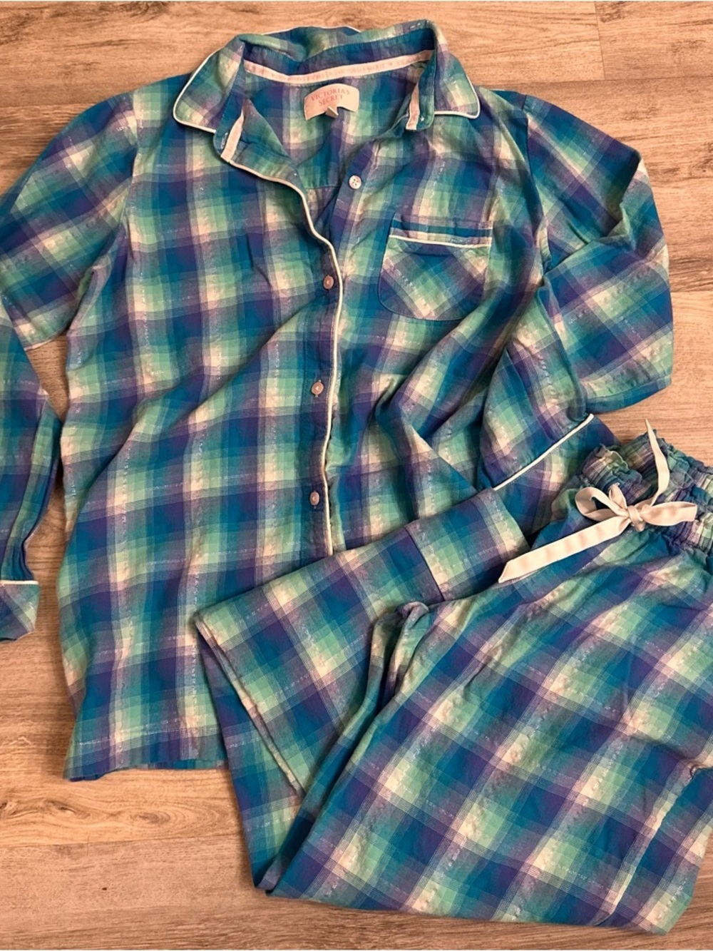 Victoria’s Secret Plaid Pajama Set Blue Green Pants Lounge S - Picture 2 of 5